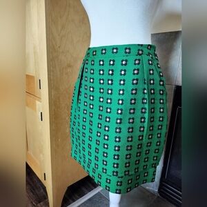 Anthropologie Emerald Green Mini Skirt with Black & White Floral Grid